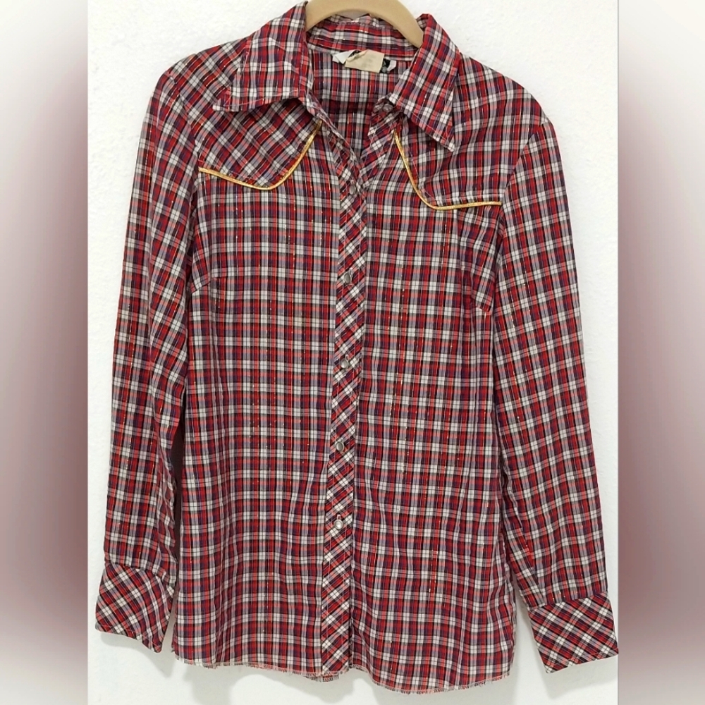 VINTAGE 1970'S WESTERN PEARL BUTTON DOWN PLAID SHIRT SIZE M